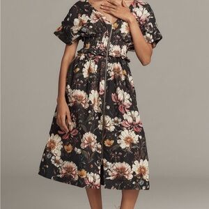 Anthropologie Black Floral Midi Dress XS NWT
